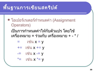 30
พื้นฐานการเขียนสคริปต์
โอเปอร์เรเตอร์กำาหนดค่า (Assignment
Operators)
เป็นการกำาหนดค่าให้กับตัวแปร โดยใช้
เครื่องหมาย = ร่วมกับ เครื่องหมาย + - * /
= เช่น x = y
+= เช่น x += y
-= เช่น x -= y
*= เช่น x *= y
 