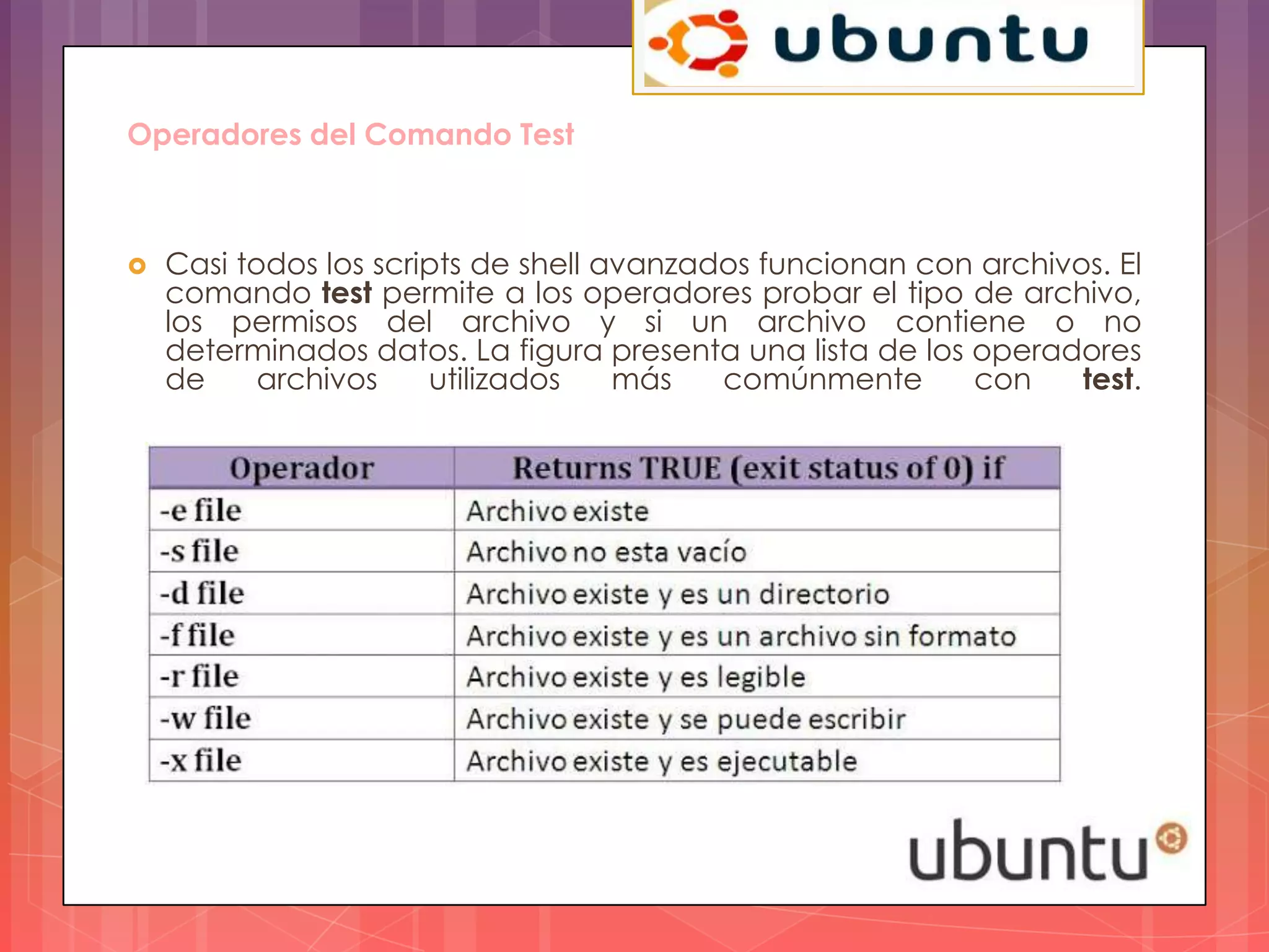 Operadores del Comando Test



   Casi todos los scripts de shell avanzados funcionan con archivos. El
    comando test permite a los operadores probar el tipo de archivo,
    los permisos del archivo y si un archivo contiene o no
    determinados datos. La figura presenta una lista de los operadores
    de     archivos    utilizados    más   comúnmente       con    test.
 