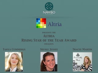presents the

                       Altria
           Rising Star of the Year Award
                       finalists


Tanya Cummings      Nicole Jessee    Tracee Martin
 