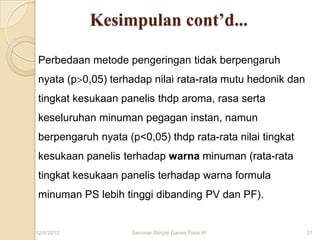 Kesimpulan cont’d...

 Perbedaan metode pengeringan tidak berpengaruh
 nyata (p 0,05) terhadap nilai rata-rata mutu hedonik dan
 tingkat kesukaan panelis thdp aroma, rasa serta
 keseluruhan minuman pegagan instan, namun
 berpengaruh nyata (p<0,05) thdp rata-rata nilai tingkat
 kesukaan panelis terhadap warna minuman (rata-rata
 tingkat kesukaan panelis terhadap warna formula
 minuman PS lebih tinggi dibanding PV dan PF).


12/4/2012            Seminar Skripsi Ganes Tiara W          31
 