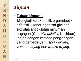 P
     Tujuan
E
N        Tujuan Umum :
D          Mengkaji karakteristik organoleptik,
A         sifat fisik, kandungan zat gizi dan
H         aktivitas antioksidan minuman
          pegagan (Centella asiatica L. Urban)
U         instan dengan metode pengeringan
L         yang berbeda yaitu spray drying,
U         vacuum drying dan freeze drying.
A
N   12/4/2012        Seminar Skripsi Ganes Tiara W   4
 