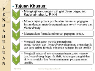    Tujuan Khusus:
P                   • Mengkaji kandungan zat gizi daun pegagan:
E        1            Kadar air, abu, L, P, KH
N                   • Mempelajari proses pembuatan minuman pegagan
D                     instan dengan metode pengeringan spray, vacuum dan
         2
                      freeze drying
A
                    • Menentukan formula minuman pegagan instan,
         3
H
U                   • Mengkaji pengaruh metode pengeringan
                      spray, vacuum, dan freeze drying trhdp mutu organoleptik
L        4            dan daya terima formula minuman pegagan instan terpilih
U                   • Mengkaji pengaruh metode pengeringan spray, vacuum
                      dan freeze drying thdp sifat fisik, kandungan zat gizi dan
A        5            aktivitas antioksidan formula minuman pegagan instan
N                     terpilih.

        12/4/2012                 Seminar Skripsi Ganes Tiara W                    5
 