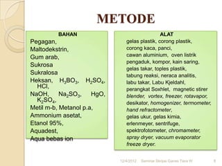 METODE
         BAHAN                                  ALAT
Pegagan,                        gelas plastik, corong plastik,
Maltodekstrin,                  corong kaca, panci,
Gum arab,                       cawan aluminium, oven listrik
                                pengaduk, kompor, kain saring,
Sukrosa
                                gelas takar, toples plastik,
Sukralosa                       tabung reaksi, neraca analitis,
Heksan, H3BO3, H2SO4,           labu takar, Labu Kjeldahl,
  HCl,                          perangkat Soxhlet, magnetic stirer
NaOH,      Na2SO3,    HgO,      blender, vortex, freezer, rotavapor,
  K2SO4,                        desikator, homogenizer, termometer,
Metil m-b, Metanol p.a,         hand refractometer,
Ammonium asetat,                gelas ukur, gelas kimia,
Etanol 95%,                     erlenmeyer, sentrifuge,
Aquadest,                       spektrofotometer, chromameter,
Aqua bebas ion                  spray dryer, vacuum evaporator
                                freeze dryer.


                             12/4/2012   Seminar Skripsi Ganes Tiara W   8
 