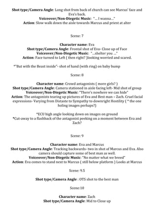 Shot	
  type/Camera	
  Angle:	
  Long	
  shot	
  from	
  back	
  of	
  church	
  can	
  see	
  Marcus’	
  face	
  and	
  
Eva’s	
  back.	
  
Voiceover/Non-­‐Diegetic	
  Music:	
  	
  “…	
  I	
  wanna…”	
  
Action:	
  Slow	
  walk	
  down	
  the	
  aisle	
  towards	
  Marcus	
  and	
  priest	
  at	
  alter	
  
	
  
	
  
Scene:	
  7	
  
	
  
Character	
  name:	
  Eva	
  
Shot	
  type/Camera	
  Angle:	
  Frontal	
  shot	
  of	
  Eva-­‐	
  Close	
  up	
  of	
  Face	
  	
  
Voiceover/Non-­‐Diegetic	
  Music:	
  	
  “…shelter	
  you	
  …”	
  
Action:	
  Face	
  turned	
  to	
  Left	
  (	
  then	
  right?	
  )looking	
  worried	
  and	
  scared.	
  
	
  
*”But	
  with	
  the	
  Beast	
  inside”-­‐	
  shot	
  of	
  hand	
  (with	
  ring)	
  on	
  baby	
  bump	
  
	
  
Scene:	
  8	
  
	
  
Character	
  name:	
  Crowd	
  antagonists	
  (	
  more	
  girls?	
  )	
  
Shot	
  type/Camera	
  Angle:	
  Camera	
  stationed	
  in	
  aisle	
  facing	
  left-­‐	
  Mid	
  shot	
  of	
  group	
  
Voiceover/Non-­‐Diegetic	
  Music:	
  “There’s	
  nowhere	
  we	
  can	
  hide”	
  
Action:	
  The	
  antagonists	
  tearing	
  up	
  pictures	
  of	
  Eva	
  and	
  Best	
  man	
  –	
  Zach.	
  Cruel	
  facial	
  
expressions-­‐	
  Varying	
  from	
  Distaste	
  to	
  Sympathy	
  to	
  downright	
  Hostility	
  (	
  *	
  the	
  one	
  
holing	
  images	
  perhaps?)	
  
	
  
*ECU	
  high	
  angle	
  looking	
  down	
  on	
  images	
  on	
  ground	
  
*Cut-­‐away	
  to	
  a	
  flashback	
  of	
  the	
  antagonist	
  peeking	
  on	
  a	
  moment	
  between	
  Eva	
  and	
  
Zach?	
  
	
  
	
  
Scene:	
  9	
  
	
  
Character	
  name:	
  Eva	
  and	
  Marcus	
  
Shot	
  type/Camera	
  Angle:	
  Tracking	
  backwards-­‐	
  two	
  in	
  shot	
  of	
  Marcus	
  and	
  Eva.	
  Also	
  
camera	
  should	
  capture	
  some	
  of	
  best	
  man	
  as	
  well.	
  	
  
Voiceover/Non-­‐Diegetic	
  Music:	
  “No	
  matter	
  what	
  we	
  breed”	
  
Action:	
  Eva	
  comes	
  to	
  stand	
  next	
  to	
  Marcus	
  (	
  still	
  below	
  platform	
  )	
  Looks	
  at	
  Marcus	
  
	
   	
  
Scene:	
  9.5	
  
	
  
Shot	
  type/Camera	
  Angle	
  :	
  OTS	
  shot	
  to	
  the	
  best	
  man	
  
	
  
Scene:10	
  
	
  
Character	
  name:	
  Zach	
  
Shot	
  type/Camera	
  Angle:	
  Mid	
  to	
  Close	
  up	
  

 