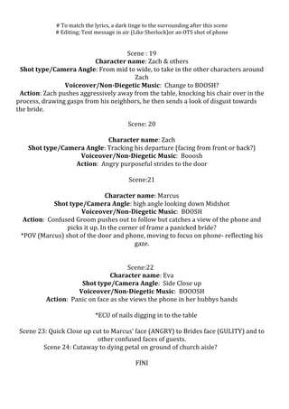 
#	
  To	
  match	
  the	
  lyrics,	
  a	
  dark	
  tinge	
  to	
  the	
  surrounding	
  after	
  this	
  scene	
  	
  	
  	
  	
  	
  	
  	
  	
  	
  	
  	
  	
  	
  	
  	
  	
  	
  	
  
#	
  Editing;	
  Text	
  message	
  in	
  air	
  (Like	
  Sherlock)or	
  an	
  OTS	
  shot	
  of	
  phone	
  
	
  	
  	
  	
  	
  	
  	
  	
  	
  	
  	
  	
  	
  	
  	
  	
  	
  	
  	
  	
  	
  	
  	
  	
  	
  	
  	
  	
  	
  	
  	
  	
  	
  
	
  

Scene	
  :	
  19	
  
Character	
  name:	
  Zach	
  &	
  others	
  
Shot	
  type/Camera	
  Angle:	
  From	
  mid	
  to	
  wide,	
  to	
  take	
  in	
  the	
  other	
  characters	
  around	
  
Zach	
  
Voiceover/Non-­‐Diegetic	
  Music:	
  	
  Change	
  to	
  BOOSH?	
  
	
   Action:	
  Zach	
  pushes	
  aggressively	
  away	
  from	
  the	
  table,	
  knocking	
  his	
  chair	
  over	
  in	
  the	
  
process,	
  drawing	
  gasps	
  from	
  his	
  neighbors,	
  he	
  then	
  sends	
  a	
  look	
  of	
  disgust	
  towards	
  
the	
  bride.	
  
	
  	
  	
  	
  	
  	
  	
  	
  	
  	
  	
  	
  	
  	
  	
  	
  	
  	
  	
  	
  	
  	
  	
  	
  	
  	
  	
  	
  	
  	
  	
  	
  	
  	
  	
  	
  	
  	
  	
  	
  	
  	
  	
  	
  	
  	
  	
  	
  	
  	
  	
  

	
  
	
  

Scene:	
  20	
  
	
  
Character	
  name:	
  Zach	
  
Shot	
  type/Camera	
  Angle:	
  Tracking	
  his	
  departure	
  (facing	
  from	
  front	
  or	
  back?)	
  
Voiceover/Non-­‐Diegetic	
  Music:	
  	
  Booosh	
  
Action:	
  	
  Angry	
  purposeful	
  strides	
  to	
  the	
  door	
  	
  
Scene:21	
  
	
  
Character	
  name:	
  Marcus	
  
Shot	
  type/Camera	
  Angle:	
  high	
  angle	
  looking	
  down	
  Midshot	
  	
  	
  
Voiceover/Non-­‐Diegetic	
  Music:	
  	
  BOOSH	
  
Action:	
  	
  Confused	
  Groom	
  pushes	
  out	
  to	
  follow	
  but	
  catches	
  a	
  view	
  of	
  the	
  phone	
  and	
  
picks	
  it	
  up.	
  In	
  the	
  corner	
  of	
  frame	
  a	
  panicked	
  bride?	
  
*POV	
  (Marcus)	
  shot	
  of	
  the	
  door	
  and	
  phone,	
  moving	
  to	
  focus	
  on	
  phone-­‐	
  reflecting	
  his	
  
gaze.	
  
	
  
	
  
	
  	
  	
  	
  	
  	
  	
  	
  	
  	
  	
  	
  	
  	
  	
  	
  	
  	
  	
  	
  	
  	
  	
  	
  	
  	
  	
  	
  	
  	
  	
  	
  	
  	
  	
  	
  	
  	
  	
  	
  	
  	
  	
  	
  	
  	
  	
  	
  	
  	
  	
  	
  	
  	
  	
  	
  Scene:22	
  
Character	
  name:	
  Eva	
  
Shot	
  type/Camera	
  Angle:	
  	
  Side	
  Close	
  up	
  
Voiceover/Non-­‐Diegetic	
  Music:	
  	
  BOOOSH	
  
Action:	
  	
  Panic	
  on	
  face	
  as	
  she	
  views	
  the	
  phone	
  in	
  her	
  hubbys	
  hands	
  
	
  
*ECU	
  of	
  nails	
  digging	
  in	
  to	
  the	
  table	
  
	
  
Scene	
  23:	
  Quick	
  Close	
  up	
  cut	
  to	
  Marcus’	
  face	
  (ANGRY)	
  to	
  Brides	
  face	
  (GULITY)	
  and	
  to	
  
other	
  confused	
  faces	
  of	
  guests.	
  
Scene	
  24:	
  Cutaway	
  to	
  dying	
  petal	
  on	
  ground	
  of	
  church	
  aisle?	
  

	
  
FINI	
  

 