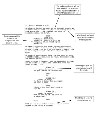 The background music will be
non-diegetic. The music will
have a mysterious tone to it to
match the action on screen.
The voiceover will be
played in the
background as non-
diegetic sound.
Non-Diegetic keyboard
typingwill be played in
the background.
Non-Diegetic over the
phone voice over will
be heard.
Non-Diegetic sound of
phone hanging up.
 