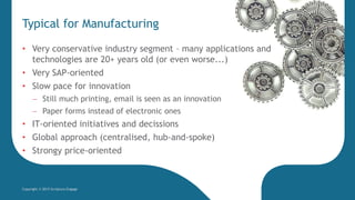 Typical for Manufacturing
Copyright © 2015 Scriptura Engage
• Very conservative industry segment – many applications and
technologies are 20+ years old (or even worse...)
• Very SAP-oriented
• Slow pace for innovation
 Still much printing, email is seen as an innovation
 Paper forms instead of electronic ones
• IT-oriented initiatives and decissions
• Global approach (centralised, hub-and-spoke)
• Strongy price-oriented
 