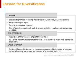 GROWTH
▪ Escape stagnant or declining industries (e.g., Tobacco, oil, newspapers)
▪ Satisfy managers’ egos
▪ Serve shareholders’ interest
▪ Size effects (economies of scale & scope, stability, employee attractiveness,
credibility .
RISK SPREADING
▪ Reduction of the variance of profit flows etc. →
▪ BUT often not of value for shareholders - they can hold diversified portfolios
themselves
VALUE CREATION
Putting different businesses under common ownership in order to increase
their profitability (synergies, economies of scope and skills →)
Based on Grant, Contemporary Strategy Analysis, 8th ed 2013, pp 350-52
Reasons for Diversification
 