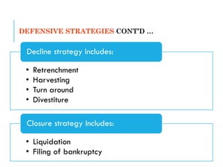 DEFENSIVE STRATEGIES CONT’D …
• Retrenchment
• Harvesting
• Turn around
• Divestiture
Decline strategy includes:
• Liquidation
• Filing of bankruptcy
Closure strategy Includes:
 