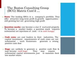 The Boston Consulting Group
(BCG) Matrix Cont’d …
❑ Stars: The leading SBUs in a company’s portfolio. They
offer attractive long-term profit & growth opportunities –
still growing but not generating high profit
❑ Question marks: can become a star if nurtured properly.
To become a market leader, a question mark requires
substantial net injections of cash – it is cash hungry
❑ Cash cows: are cost leaders in their industries. The
capital investment requirements of cash cows are not
substantial – such businesses generate a strong
positive cash flow
❑ Dogs: are unlikely to generate a positive cash flow &
may become cash hogs. They may require
substantial capital investments just to maintain their
low market share.
 