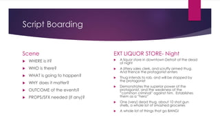 Script Boarding
Scene
 WHERE is it?
 WHO is there?
 WHAT is going to happen?
 WHY does it matter?
 OUTCOME of the events?
 PROPS/SFX needed (if any)?
EXT LIQUOR STORE- Night
 A liquor store in downtown Detroit at the dead
of night
 A jittery sales clerk, and scruffy armed thug.
And thence the protagonist enters
 Thug intends to rob, and will be stopped by
the protagonist
 Demonstrates the superior power of the
protagonist, and the weakness of the
“common criminal” against him. Establishes
them as a “hero”
 One (very) dead thug, about 10 shot gun
shells, a whole lot of smashed groceries
 A whole lot of things that go BANG!
 