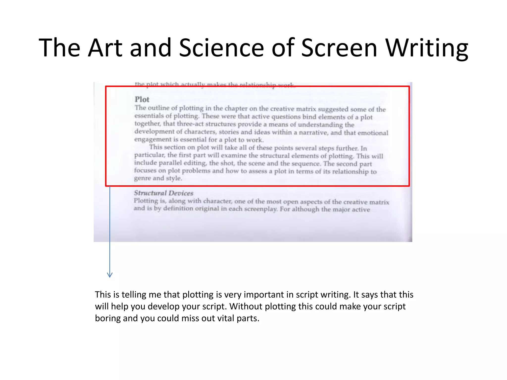 The Art and Science of Screen Writing




    This is telling me that plotting is very important in script writing. It says that this
    will help you develop your script. Without plotting this could make your script
    boring and you could miss out vital parts.
 