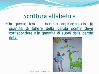 Monica Ferrini - 28 Aprile 2011
Scrittura alfabetica
 In questa fase i bambini capiscono che la
quantità di lettere della...