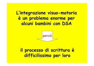L’integrazione visuo-motoria
 è un problema enorme per
   alcuni bambini con DSA

            perciò



 il processo di sc...