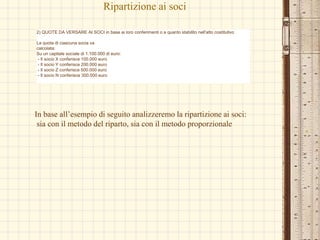 Ripartizione ai soci
2) QUOTE DA VERSARE AI SOCI in base ai loro conferimenti o a quanto stabilito nell'atto costitutivo
La quota di ciascuna socia va
calcolata:
Su un capitale sociale di 1.100.000 di euro:
- Il socio X conferisce 100.000 euro
- Il socio Y conferisce 200.000 euro
- Il socio Z conferisce 500.000 euro
- Il socio N conferisce 300.000 euro
In base all’esempio di seguito analizzeremo la ripartizione ai soci:
sia con il metodo del riparto, sia con il metodo proporzionale
 