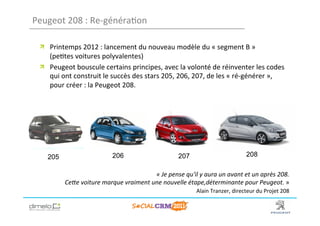Peugeot	
  208	
  :	
  Re-­‐généra;on	
  

  !   Printemps	
  2012	
  :	
  lancement	
  du	
  nouveau	
  modèle	
  du	
  «	
  segment	
  B	
  »	
  
      (pe;tes	
  voitures	
  polyvalentes)	
  	
  
  !   Peugeot	
  bouscule	
  certains	
  principes,	
  avec	
  la	
  volonté	
  de	
  réinventer	
  les	
  codes	
  
      qui	
  ont	
  construit	
  le	
  succès	
  des	
  stars	
  205,	
  206,	
  207,	
  de	
  les	
  «	
  ré-­‐générer	
  »,	
  
      pour	
  créer	
  :	
  la	
  Peugeot	
  208.	
  	
  




      205                                  206                                    207                                     208

                                                         «	
  Je	
  pense	
  qu'il	
  y	
  aura	
  un	
  avant	
  et	
  un	
  après	
  208.	
  
               Ce,e	
  voiture	
  marque	
  vraiment	
  une	
  nouvelle	
  étape,déterminante	
  pour	
  Peugeot.	
  »	
  
                                                                    	
   	
   	
   	
   	
  Alain	
  Tranzer,	
  directeur	
  du	
  Projet	
  208	
  

                                                                                                                                 www.dimelo.com
 