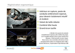 Régénéra;on	
  ergonomique	
  

                                 !   Intérieur	
  en	
  rupture,	
  poste	
  de	
  
                                     conduite	
  en;èrement	
  repensé,	
  
                                     pour	
  devenir	
  totalement	
  intui;f	
  
                                     et	
  évident	
  
                                 !   Volant	
  de	
  taille	
  réduite	
  
                                 !   Combiné	
  tête	
  haute	
  
                                 !   Grand	
  écran	
  tac;le	
  

                                                               «	
  Décider	
  d'un	
  poste	
  de	
  conduite	
  
                                        complètement	
  repensé,	
  dès	
  le	
  début	
  du	
  projet,	
  
                                        sur	
  le	
  modèle	
  des3né	
  à	
  être	
  le	
  plus	
  vendu	
  de	
  la	
  
                                                      Marque,	
  c'était	
  prendre	
  un	
  gros	
  risque.	
  
                                         Nous	
  avons,	
  tous	
  ensemble,	
  fait	
  preuve	
  d'une	
  
                                       excep3onnelle	
  audace	
  en	
  l'intégrant	
  dans	
  208.»	
  
                                    Jérôme	
  Micheron,	
  responsable	
  Projet	
  Marque	
  208	
  



                                                                                                 www.dimelo.com
 