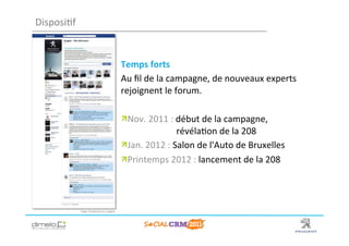 Disposi;f	
  

                                                        	
  
                                                        Temps	
  forts	
  
                                                        Au	
  ﬁl	
  de	
  la	
  campagne,	
  de	
  nouveaux	
  experts	
  
                                                        rejoignent	
  le	
  forum.	
  	
  
                                                        	
  
                                                        !  Nov.	
  2011	
  :	
  début	
  de	
  la	
  campagne,	
  
                                                                                  	
  révéla;on	
  de	
  la	
  208	
  
                                                        !  Jan.	
  2012	
  :	
  Salon	
  de	
  l'Auto	
  de	
  Bruxelles	
  	
  
                                                        !  Printemps	
  2012	
  :	
  lancement	
  de	
  la	
  208	
  
                                                             	
  
                                                        	
  


                Page	
  Facebook	
  en	
  anglais	
  




                                                                                                                        www.dimelo.com
 