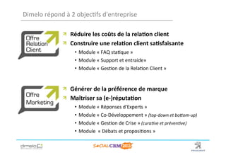 Dimelo	
  répond	
  à	
  2	
  objec;fs	
  d'entreprise

                  !   Réduire	
  les	
  coûts	
  de	
  la	
  rela?on	
  client	
  
 Offre
 Relation         !   Construire	
  une	
  rela?on	
  client	
  sa?sfaisante	
  
 Client                 •  Module	
  «	
  FAQ	
  sta;que	
  »	
  
                        •  Module	
  «	
  Support	
  et	
  entraide»	
  
                        •  Module	
  «	
  Ges;on	
  de	
  la	
  Rela;on	
  Client	
  »	
  	
  


                  !   Générer	
  de	
  la	
  préférence	
  de	
  marque	
  	
  
 Offre            !   Maîtriser	
  sa	
  (e-­‐)réputa?on	
  	
  
 Marketing
                        •  Module	
  «	
  Réponses	
  d'Experts	
  »	
  
                        •  Module	
  «	
  Co-­‐Développement	
  »	
  (top-­‐down	
  et	
  bo,om-­‐up)	
  
                        •  Module	
  «	
  Ges;on	
  de	
  Crise	
  »	
  (cura3ve	
  et	
  préven3ve)	
  
                        •  Module	
  	
  «	
  Débats	
  et	
  proposi;ons	
  »	
  


                                                                                                 www.dimelo.com
 