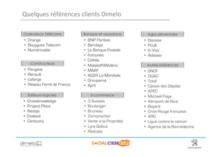 Quelques	
  références	
  clients	
  Dimelo	
  

Opérateurs Télécoms           Banque et assurance              Agro-alimentaire
•  Orange                     •    BNP Paribas            •    Danone
•  Bouygues Telecom           •    Barclays               •    Poult
•  Numéricable                •    La Banque Postale      •    In Vivo
                              •    Fortuneo               •    Adisseo
                              •    Cofidis
      Constructeurs                                            Autres références
                              •    Malakoff-Médéric
•    Peugeot                  •    MAAF                   •    SNCF
•    Renault                  •    AG2R La Mondiale       •    DGAC
•    Lafarge                  •    Groupama               •    Total
•    Réseau Ferré de France   •    April                  •    Caisse des Dépôts
                                                          •    APEC
     Editeurs logiciels             E-commerce            •    Michael Page
•    Crossknowledge           •    3 Suisses              •    Aéroport de Nice
•    Project Place            •    Boulanger              •    Bayard
•    Neotys                   •    Bruneau                •    Croix Rouge française
•    Exalead                  •    2xmoinscher            •    ARC
•    Certicorp                •    Vente à la Propriété   •    Ligue contre le cancer
                              •    Lyra Qobus             •    Agence de la Biomédecine
                              •    Redcats


                                                                                   www.dimelo.com
 