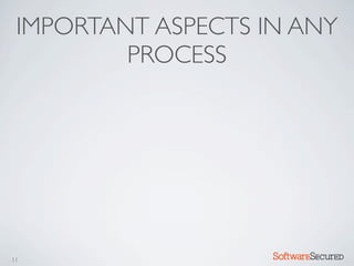 IMPORTANT ASPECTS IN ANY
         PROCESS




11                  Softwar S cur
 