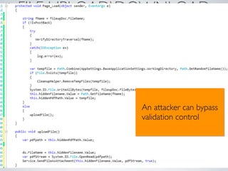 FILE UPLOADDOWNLOAD
         FLAWS



              An attacker can bypass
              validation control




         28            Softwar S cur
 