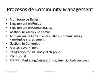 Procesos de Community Management
•    Monitoreo de Redes
•    Engagement en Redes
•    Engagement en Comunidades
•    Gestión de Casos y Reclamos
•    Admiración de herramientas, filtros, comunidades y
     knowledge management
•    Gestión de Contenido
•    Alertas y Workflows
•    Integración con el CRM y el Negocio
•    Perfil Social
•    R.R.P.P., Marketing, Ventas, Crisis, Servicio, Colaboración


25-26 Junio 2012               #scrmcolombia                       29
 