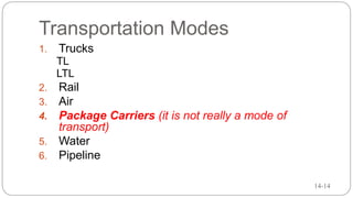 14-14
Transportation Modes
1. Trucks
TL
LTL
2. Rail
3. Air
4. Package Carriers (it is not really a mode of
transport)
5. Water
6. Pipeline
 