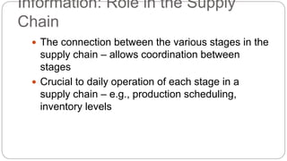 Information: Role in the Supply
Chain
 The connection between the various stages in the
supply chain – allows coordination between
stages
 Crucial to daily operation of each stage in a
supply chain – e.g., production scheduling,
inventory levels
 
