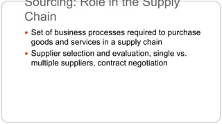 Sourcing: Role in the Supply
Chain
 Set of business processes required to purchase
goods and services in a supply chain
 Supplier selection and evaluation, single vs.
multiple suppliers, contract negotiation
 