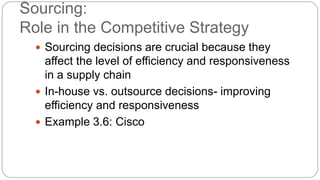 Sourcing:
Role in the Competitive Strategy
 Sourcing decisions are crucial because they
affect the level of efficiency and responsiveness
in a supply chain
 In-house vs. outsource decisions- improving
efficiency and responsiveness
 Example 3.6: Cisco
 
