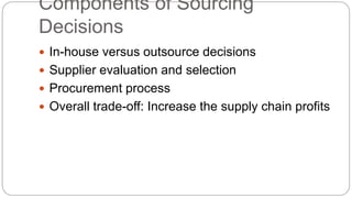 Components of Sourcing
Decisions
 In-house versus outsource decisions
 Supplier evaluation and selection
 Procurement process
 Overall trade-off: Increase the supply chain profits
 