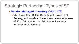  Vendor Managed Inventory (VMI):JITD
 VMI Projects at Dillard Department Stores, J.C.
Penney, and Wal-Mart have shown sales increases
of 20 to 25 percent, and 30 percent inventory
turnover improvements.
Strategic Partnering: Types of SP
 