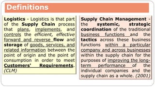 Definitions
Logistics - Logistics is that part
of the Supply Chain process
that plans, implements, and
controls the efficient, effective
forward and reverse flow and
storage of goods, services, and
related information between the
point of origin and the point of
consumption in order to meet
Customers' Requirements.
(CLM)
Supply Chain Management -
the systemic, strategic
coordination of the traditional
business functions and the
tactics across these business
functions within a particular
company and across businesses
within the supply chain for the
purposes of improving the long-
term performance of the
individual companies and the
supply chain as a whole. (2001)
 