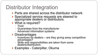  Parts are shared across the distributor network
 Specialized service requests are steered to
appropriate dealers or distributors.
 What is required?
◦ Trust
◦ Guarantees from the manufacturer
◦ Advanced information systems
 Disadvantages
◦ Incentives for dealers – are they giving away competitive
advantages?
◦ Skills and responsibilities are taken from some
dealers/distributors.
 Examples - Caterpillar, Okuma
Distributor Integration
 