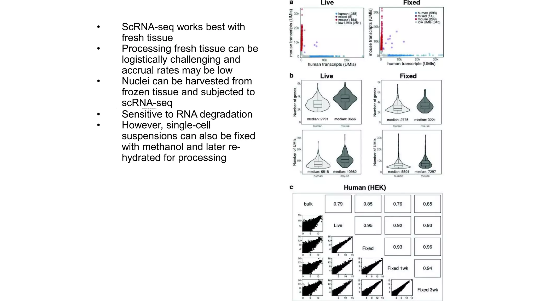 • ScRNA-seq works best with
fresh tissue
• Processing fresh tissue can be
logistically challenging and
accrual rates may be low
• Nuclei can be harvested from
frozen tissue and subjected to
scRNA-seq• Only nuclear transcripts profiled – fewer genes tagged per cell
• Sensitive to RNA degradation
• However, single-cell
suspensions can also be fixed
with methanol and later re-
hydrated for processing
 