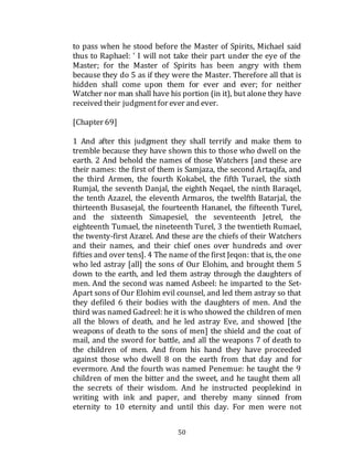 50
to pass when he stood before the Master of Spirits, Michael said
thus to Raphael: ' I will not take their part under the eye of the
Master; for the Master of Spirits has been angry with them
because they do 5 as if they were the Master. Therefore all that is
hidden shall come upon them for ever and ever; for neither
Watcher nor man shall have his portion (in it), but alone they have
received their judgmentfor ever and ever.
[Chapter 69]
1 And after this judgment they shall terrify and make them to
tremble because they have shown this to those who dwell on the
earth. 2 And behold the names of those Watchers [and these are
their names: the first of them is Samjaza, the second Artaqifa, and
the third Armen, the fourth Kokabel, the fifth Turael, the sixth
Rumjal, the seventh Danjal, the eighth Neqael, the ninth Baraqel,
the tenth Azazel, the eleventh Armaros, the twelfth Batarjal, the
thirteenth Busasejal, the fourteenth Hananel, the fifteenth Turel,
and the sixteenth Simapesiel, the seventeenth Jetrel, the
eighteenth Tumael, the nineteenth Turel, 3 the twentieth Rumael,
the twenty-first Azazel. And these are the chiefs of their Watchers
and their names, and their chief ones over hundreds and over
fifties and over tens]. 4 The name of the first Jeqon: that is, the one
who led astray [all] the sons of Our Elohim, and brought them 5
down to the earth, and led them astray through the daughters of
men. And the second was named Asbeel: he imparted to the Set-
Apart sons of Our Elohim evil counsel, and led them astray so that
they defiled 6 their bodies with the daughters of men. And the
third was named Gadreel: he it is who showed the children of men
all the blows of death, and he led astray Eve, and showed [the
weapons of death to the sons of men] the shield and the coat of
mail, and the sword for battle, and all the weapons 7 of death to
the children of men. And from his hand they have proceeded
against those who dwell 8 on the earth from that day and for
evermore. And the fourth was named Penemue: he taught the 9
children of men the bitter and the sweet, and he taught them all
the secrets of their wisdom. And he instructed peoplekind in
writing with ink and paper, and thereby many sinned from
eternity to 10 eternity and until this day. For men were not
 