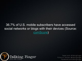 36.7% of U.S. mobile subscribers have accessed
social networks or blogs with their devices (Source: 
                     comScore)
 