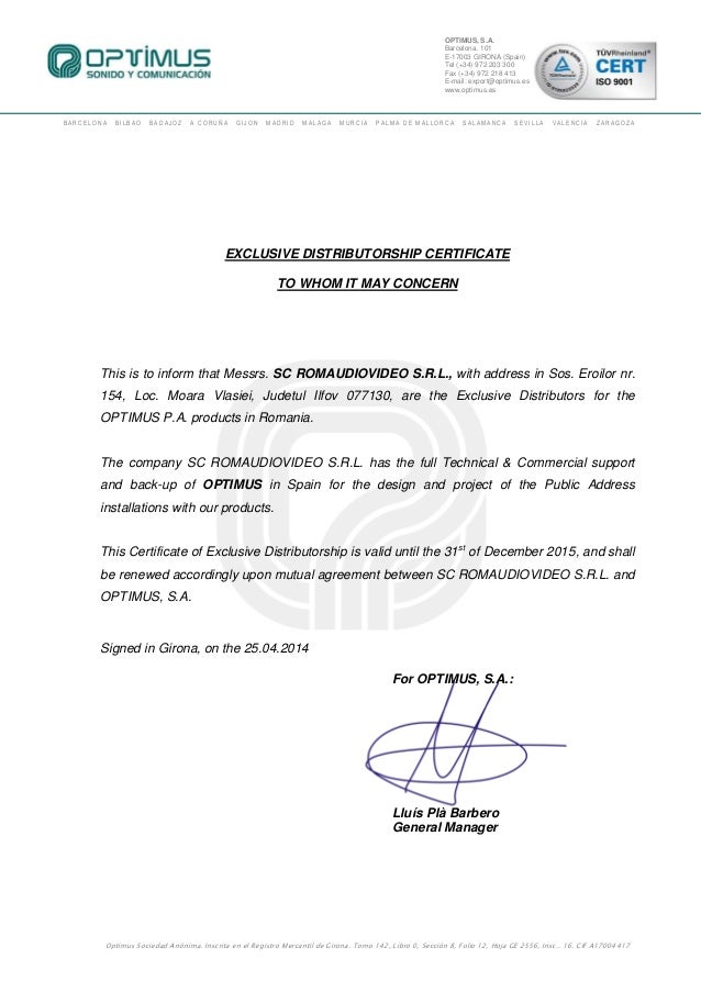 ROMAUDIOVIDEO EXCLUSIVE DISTRIBUTORSHIP CERTIFICATE OPTIMUS SA