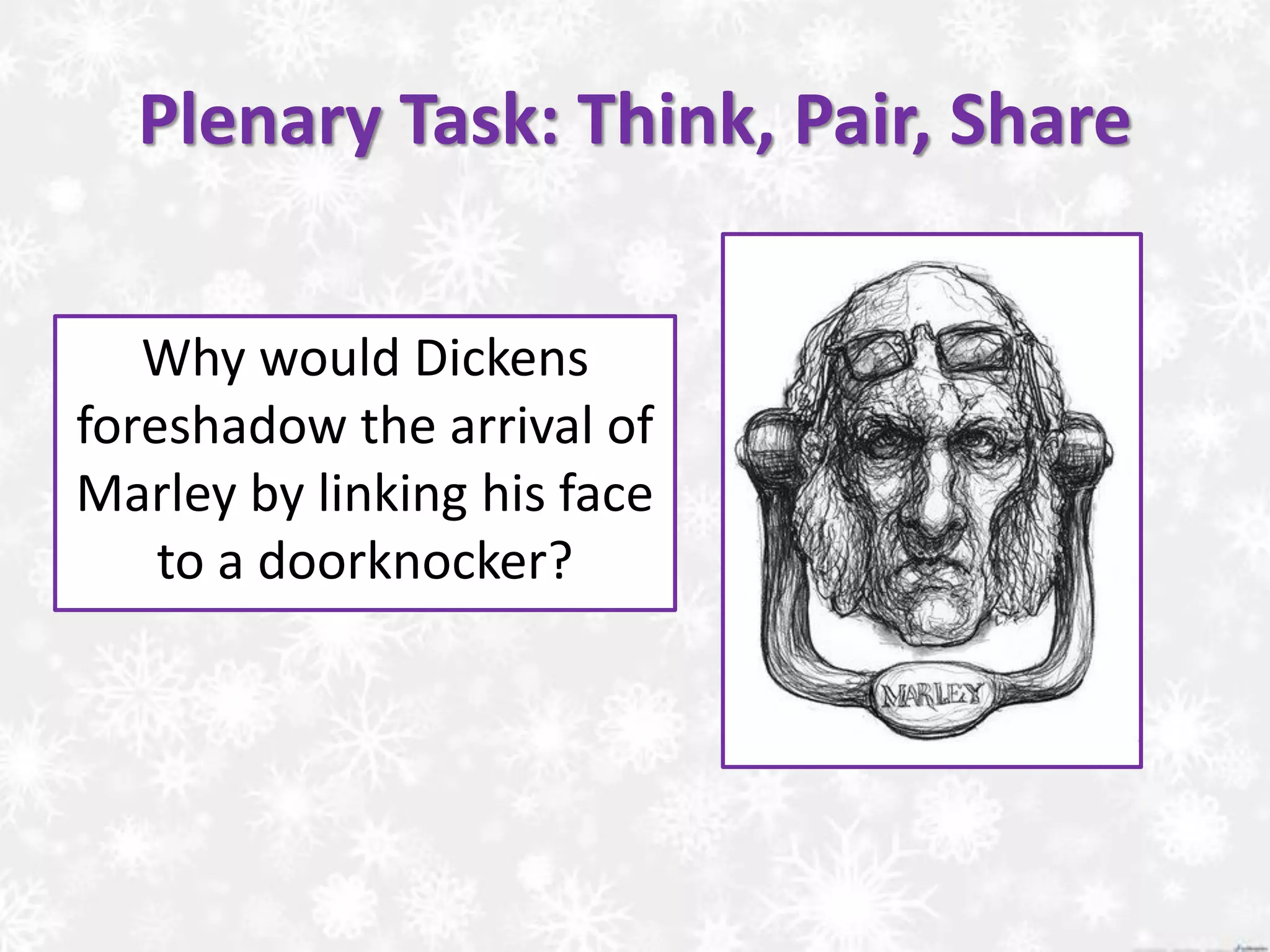 Plenary Task: Think, Pair, Share
Why would Dickens
foreshadow the arrival of
Marley by linking his face
to a doorknocker?
 