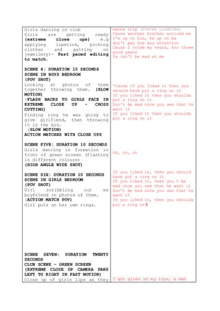 Girls dancing in club
Girls are getting ready
(extreme close ups) e.g
applying lipstick, picking
clothes and putting on
jewellery)- Fast paced editing
to match.
SCENE 4: DURATION 10 SECONDS
SCENE IN BOYS BEDROOM
(POV SHOT)
Looking at photos of them
together throwing them. (SLOW
MOTION)
(FLASH BACKS TO GIRLS FACE IN
EXTREME CLOSE UP - CROSS
CUTTING)
Finding ring he was going to
give girlfiend, then throwing
it in the bin.
(SLOW MOTION)
ACTION MATCHES WITH CLOSE UPS
SCENE FIVE: DURATION 10 SECONDS
Girls dancing in formation in
front of green screen (flashing
in different colours)
(HIGH ANGLE WIDE SHOT)
SCENE SIX: DURATION 10 SECONDS
SCENE IN GIRLS BEDROOM
(POV SHOT)
Girl scribbling out ex
boyfriend in photos of them.
(ACTION MATCH POV)
Girl puts on her own rings.
SCENE SEVEN: DURATION TWENTY
SECONDS
CLUB SCENE - GREEN SCREEN
(EXTREME CLOSE UP CAMERA PANS
LEFT TO RIGHT IN FAST MOTION)
Close up of girls lips as they
wanna trip (STROBE LIGHTING)
Cause another brother noticed me
I'm up on him, he up on me
don't pay him any attention
Cause I cried my tears, for three
good years
Ya can't be mad at me
'Cause if you liked it then you
should have put a ring on it
If you liked it then you shoulda
put a ring on it
Don't be mad once you see that he
want it
If you liked it then you shoulda
put a ring on it
Oh, oh, oh
If you liked it, then you should
have put a ring on it
If you liked it, then you t be
mad once you see that he want it
Don't be mad once you see that he
want it
If you liked it, then you shoulda
put a ring on it
I got gloss on my lips, a man
 