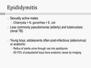 Epididymitis
 Sexually active males
 Chlamydia > N. gonorrhea > E. coli
 Less commonly pseudomonas (elderly) and tuberculosis
(renal TB)
 Young boys, adolescents often post-infectious (adenovirus)
or anatomic
 Reflux of sterile urine through vas into epididymis
 50-75% of prepubertal boys have anatomic cause by imaging
 