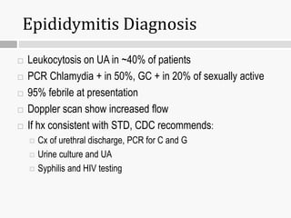 Epididymitis Diagnosis
 Leukocytosis on UA in ~40% of patients
 PCR Chlamydia + in 50%, GC + in 20% of sexually active
 95% febrile at presentation
 Doppler scan show increased flow
 If hx consistent with STD, CDC recommends:
 Cx of urethral discharge, PCR for C and G
 Urine culture and UA
 Syphilis and HIV testing
 