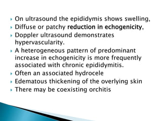  On ultrasound the epididymis shows swelling,
 Diffuse or patchy reduction in echogenicity,
 Doppler ultrasound demonstrates
hypervascularity.
 A heterogeneous pattern of predominant
increase in echogenicity is more frequently
associated with chronic epididymitis.
 Often an associated hydrocele
 Edematous thickening of the overlying skin
 There may be coexisting orchitis
 