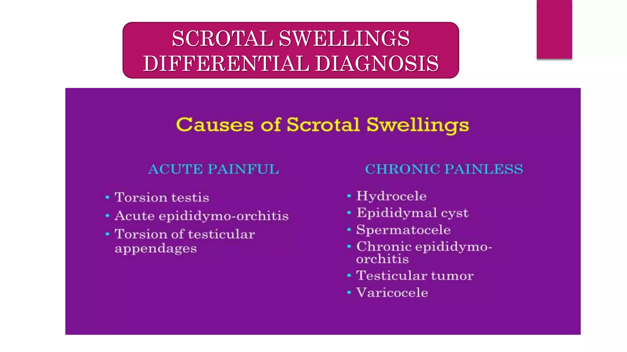 SCROTAL SWELLINGS
DIFFERENTIAL DIAGNOSIS
 