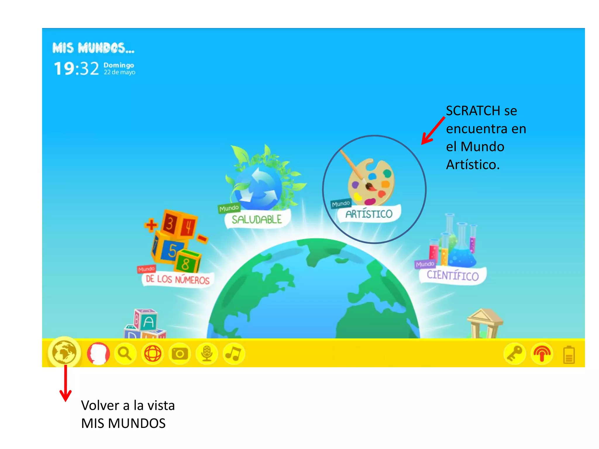Volver a la vista
MIS MUNDOS
SCRATCH se
encuentra en
el Mundo
Artístico.