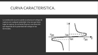CURVA CARACTERISTICA.

La conducción ocurre cuando se alcanza el voltaje de
ruptura con cualquier polaridad. Una vez que tiene
lugar la ruptura, la corriente fluye en una dirección
que depende de la polaridad del voltaje en las
terminales.
 