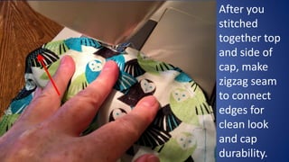 The next step is preparing ribbon to
finish the cap.
Fold ribbon in half length wise, use hot
iron to iron it down, and ir...