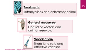 Scrub typhus-MICRO MGMC&H, Jaipur
15Treatment-
Tetracyclines and chloramphenicol
General measures-
Control of vectors and
animal reservoir.
Vaccination-
There is no safe and
effective vaccine.
 