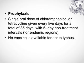 • Prophylaxis:
• Single oral dose of chloramphenicol or
tetracycline given every five days for a
total of 35 days, with 5- day non-treatment
intervals (for endemic regions).
• No vaccine is available for scrub typhus.
 
